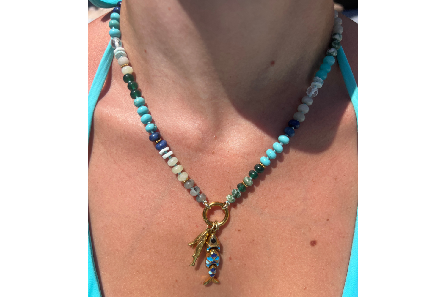 Amala Blue Bead Gold Fish Cluster Charm Carrier Necklace
