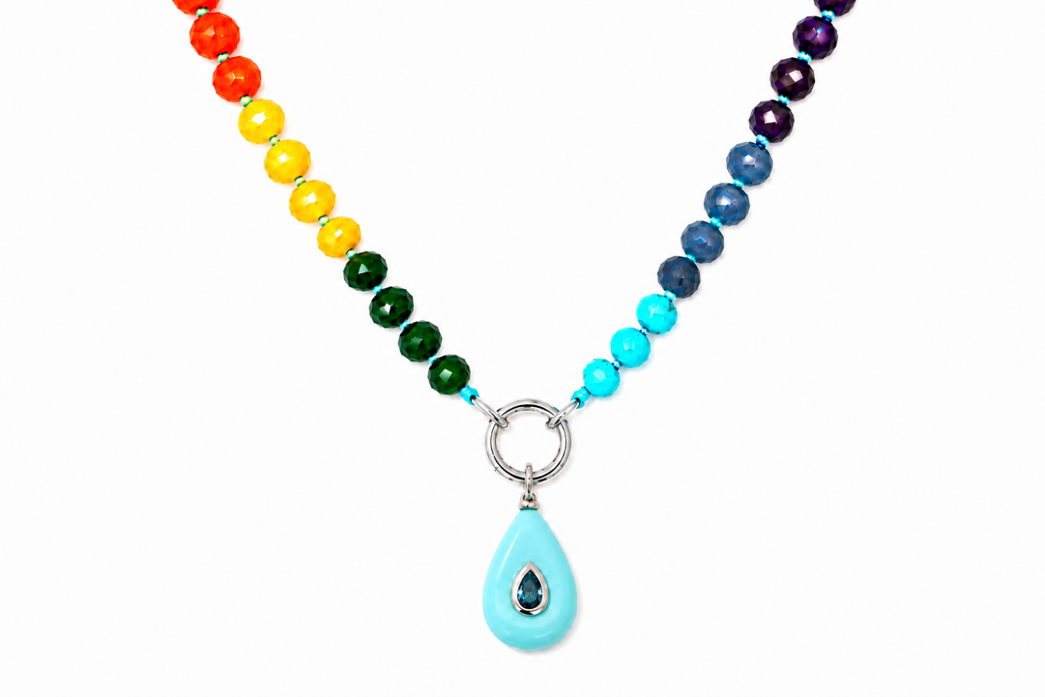 Amala Rainbow Bead Silver Charm Carrier Necklace featuring colourful gemstone beads and a waterproof white gold plated charm carrier clasp.