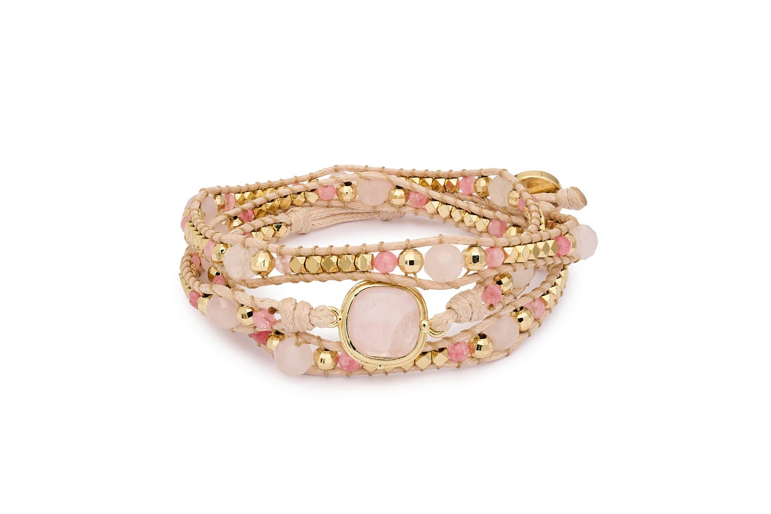 America wrap bracelet in beautiful pink hues and golden highlights. 