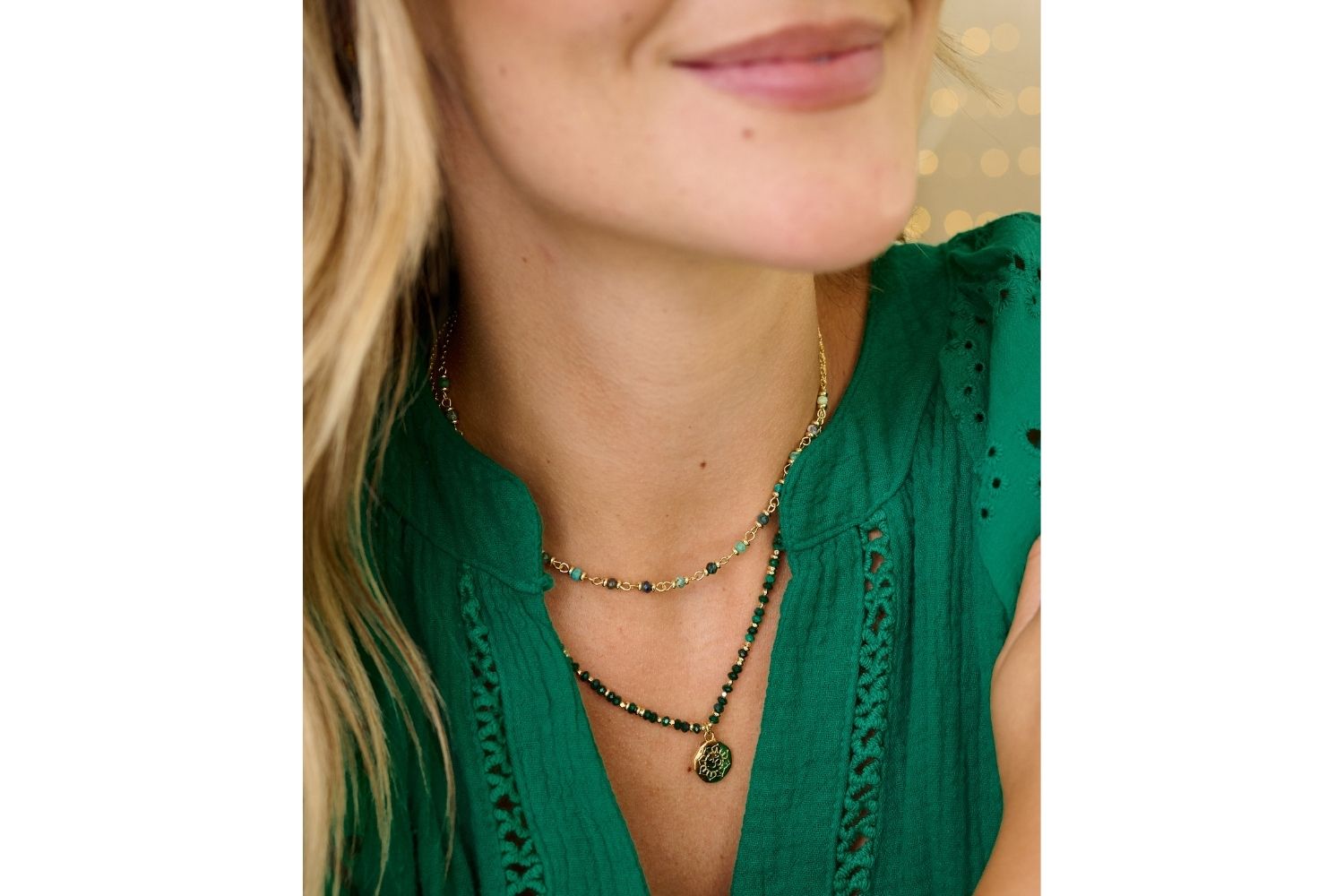 Boho Betty Arlene Malachite Necklace, perfect for laying with gold and green tones
