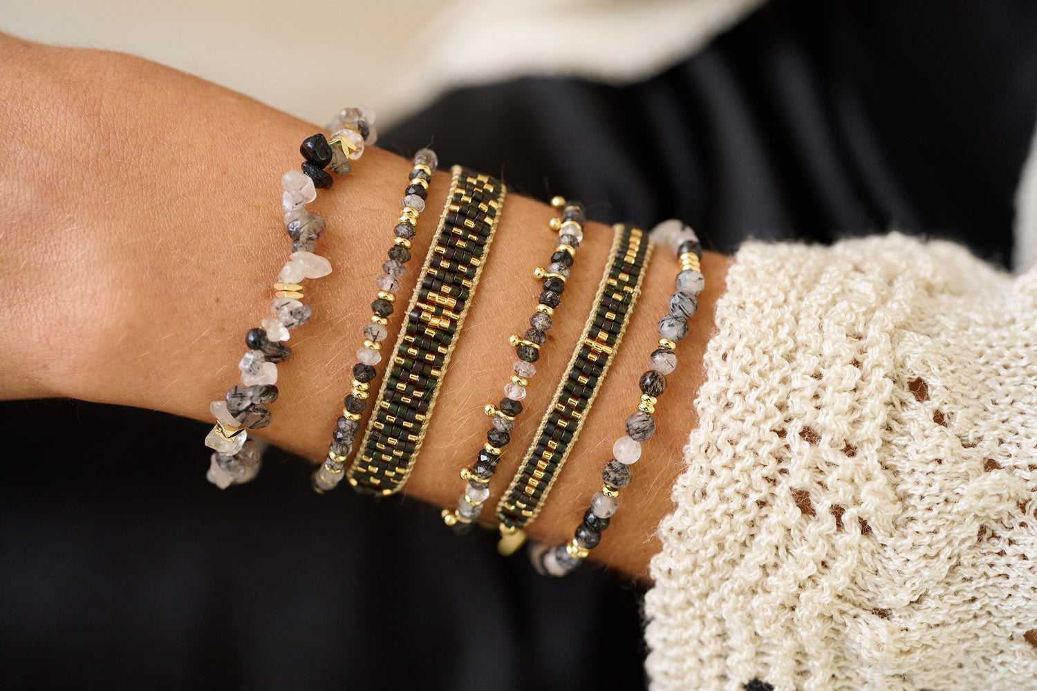 Keramas Black Rutilated Quartz Gold Bracelet Stack