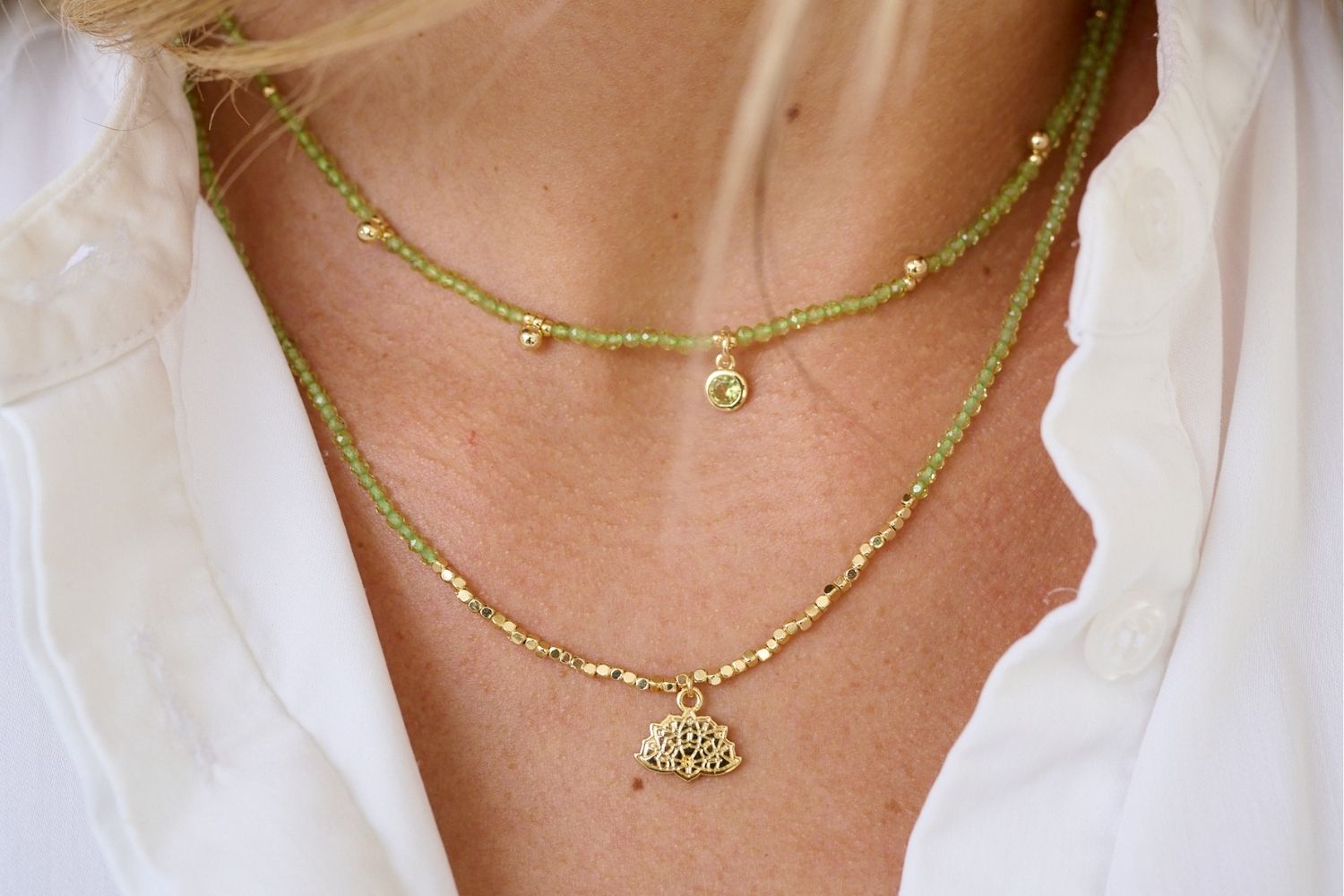 BB - Bia-lotus-charm-gold-necklace-peridot-boho-betty-august-birthstone