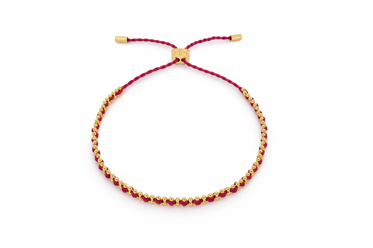 Braid raspberry waterproof gold woven friendship bracelet by Boho Betty – adjustable slider, stackable and waterproof