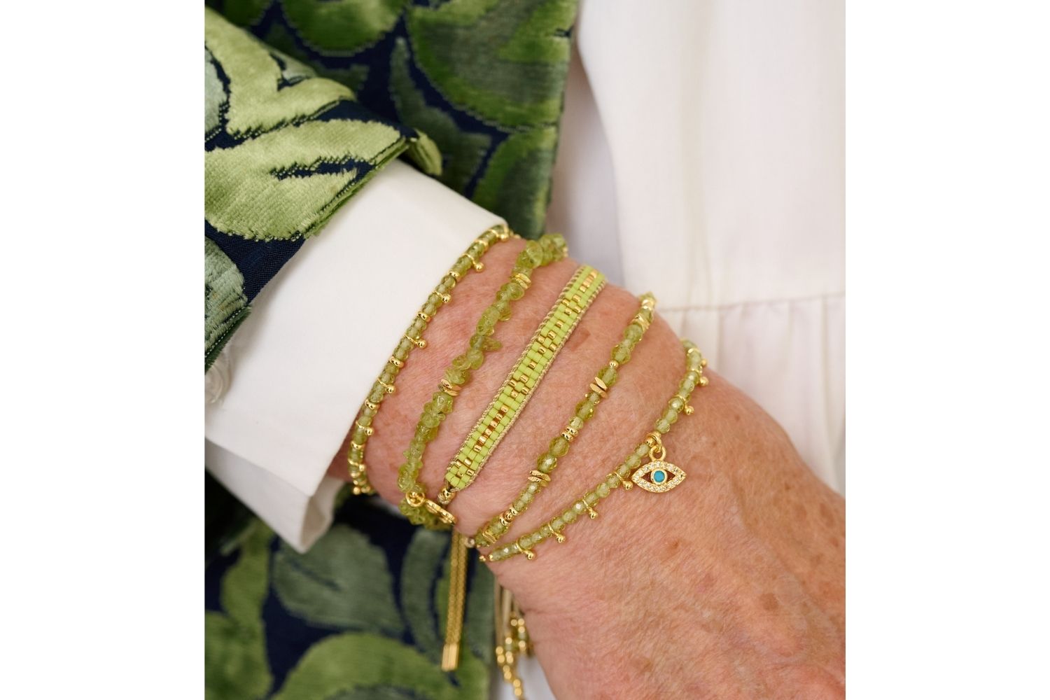 The Brela Peridot stacks in stunning style with the Sana, Harmony in Peridot and the striking Lime Aslan.