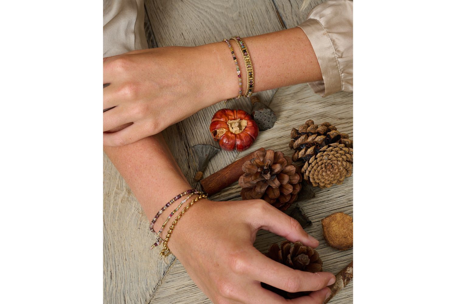 Autumnal model shoot with Celeste Tourmaline Gold stacking bracelets.