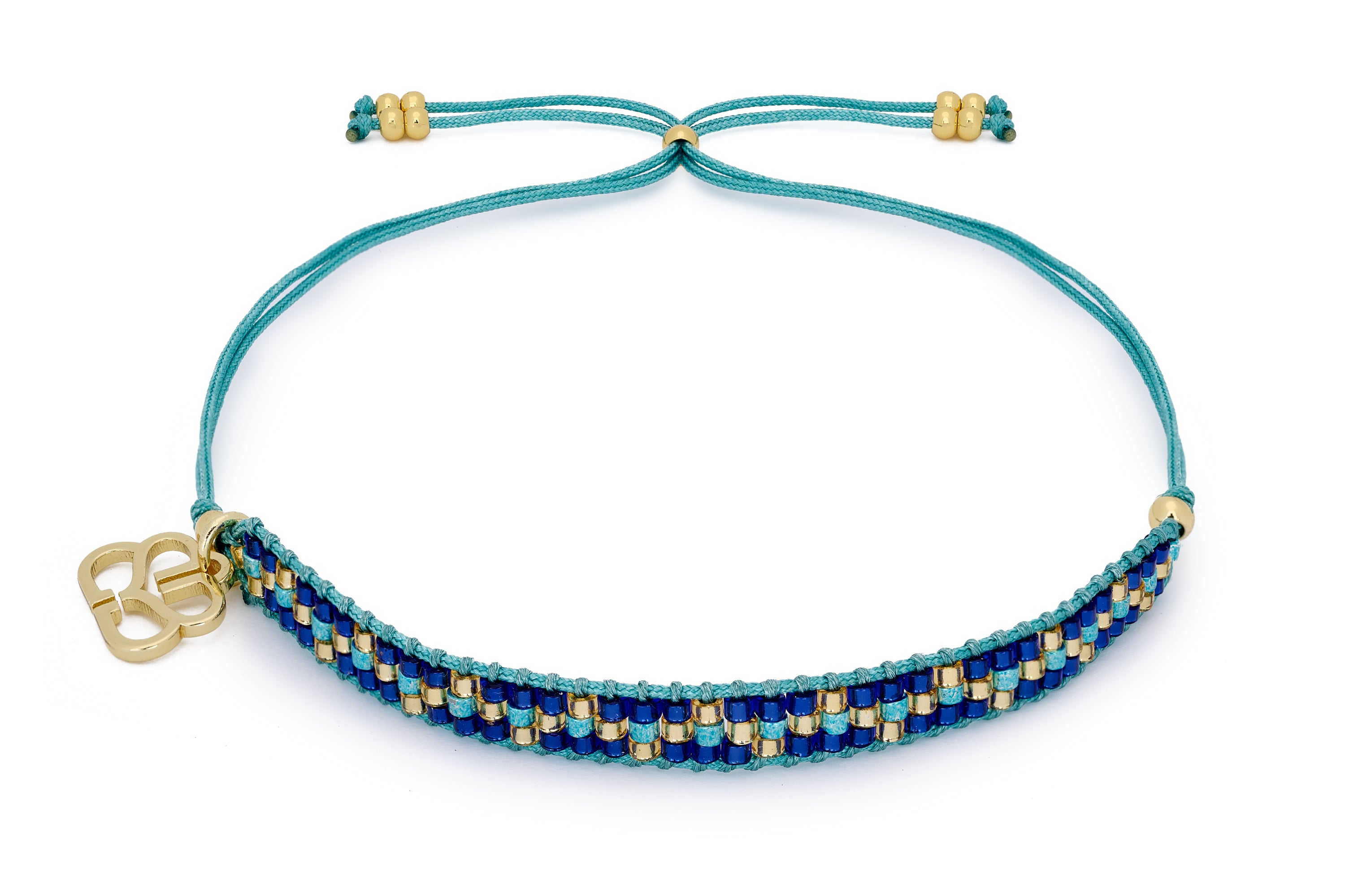 Elegant Crus Blue Beaded Friendship Bracelet with Blue and Gold Miyuki Beads on Teal Slider Cord.