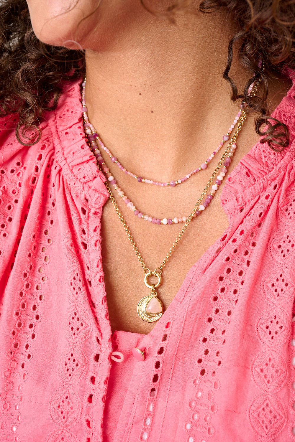 Eira Reversible Pendant Necklace with Kallisto Rose Quartz Charm, layered with Melrose and Posey in Pink Tourmaline Mix Gold.