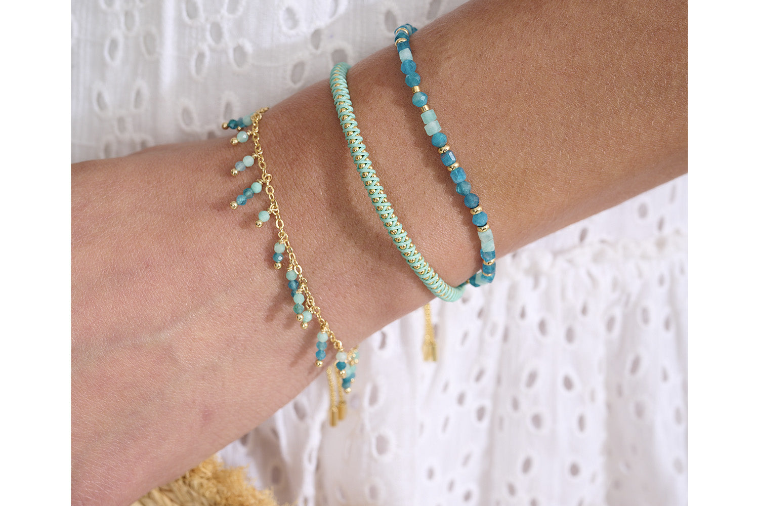 Delicate woven details pair perfectly with gemstone bracelets for a subtle look.