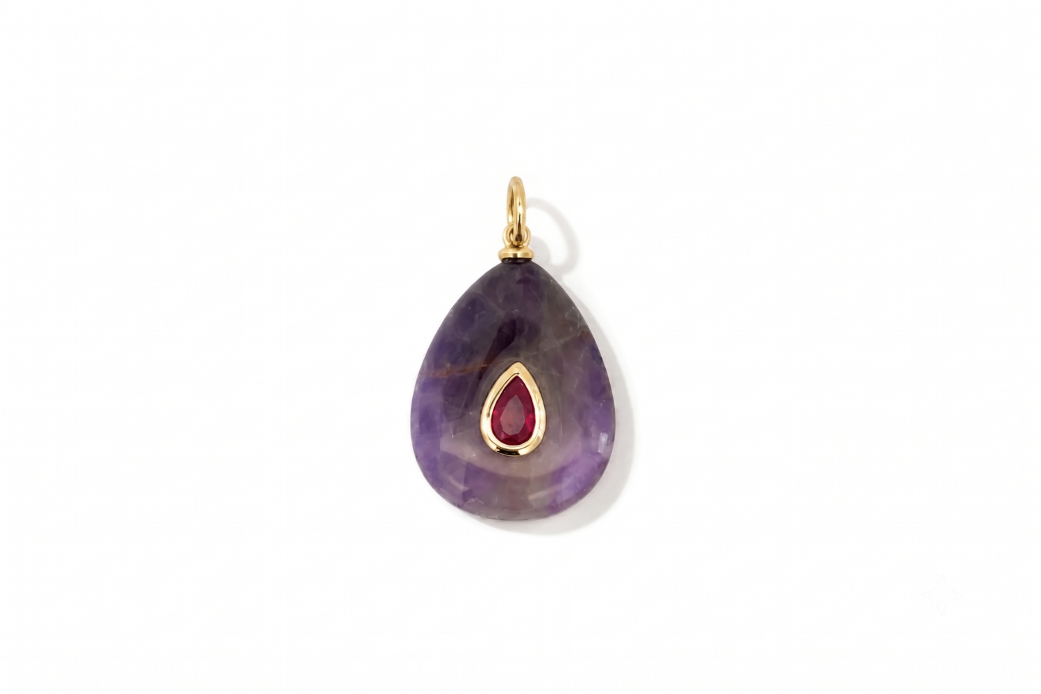 Fleur Amethyst Charm Gold featuring a carved amethyst gemstone with a ruby-coloured crystal on a waterproof 14k gold PVD loop.