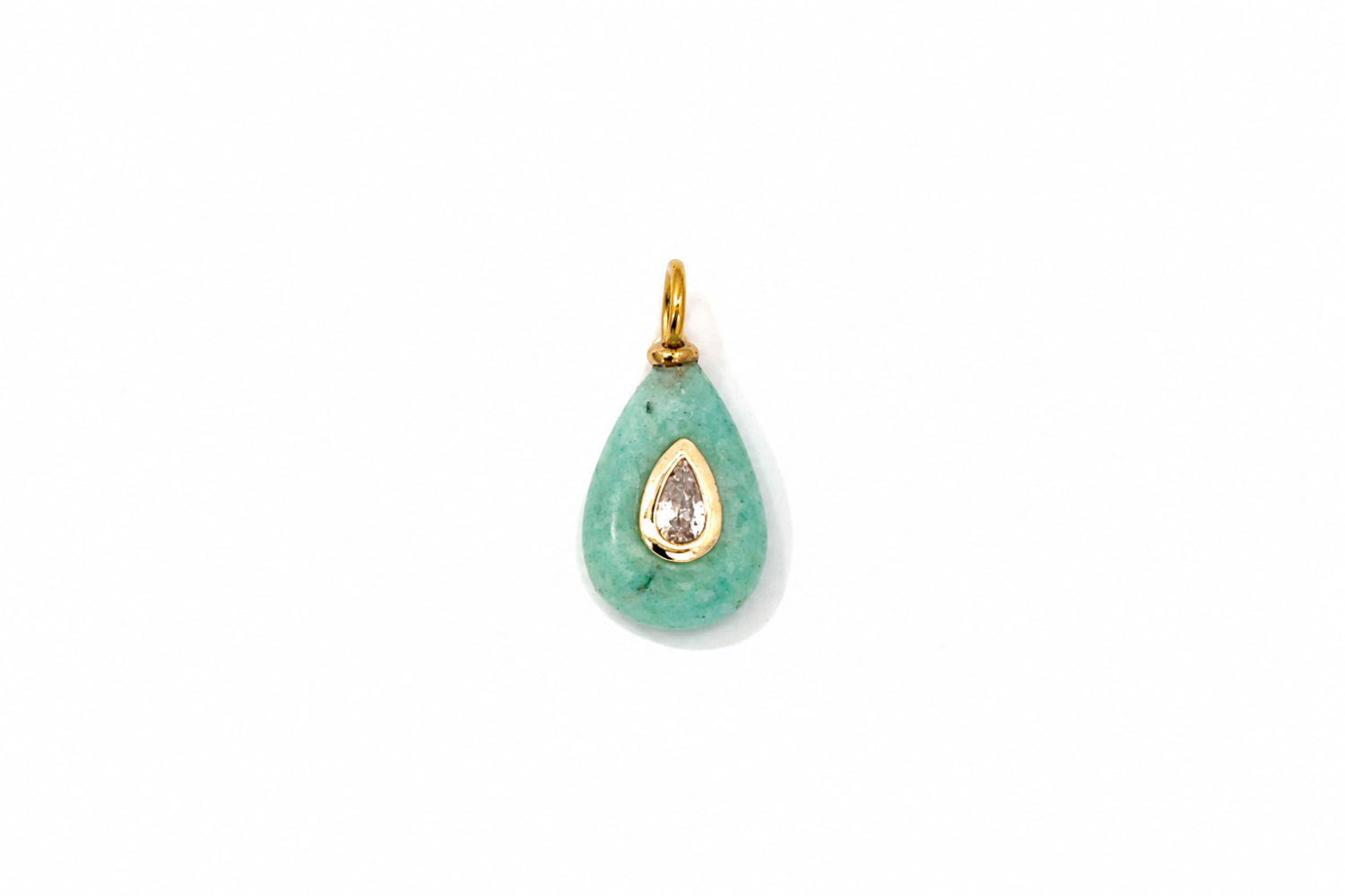 Fleurette Amazonite Charm Gold featuring a carved amazonite gemstone with a sparkling crystal on a waterproof 14k gold PVD loop.