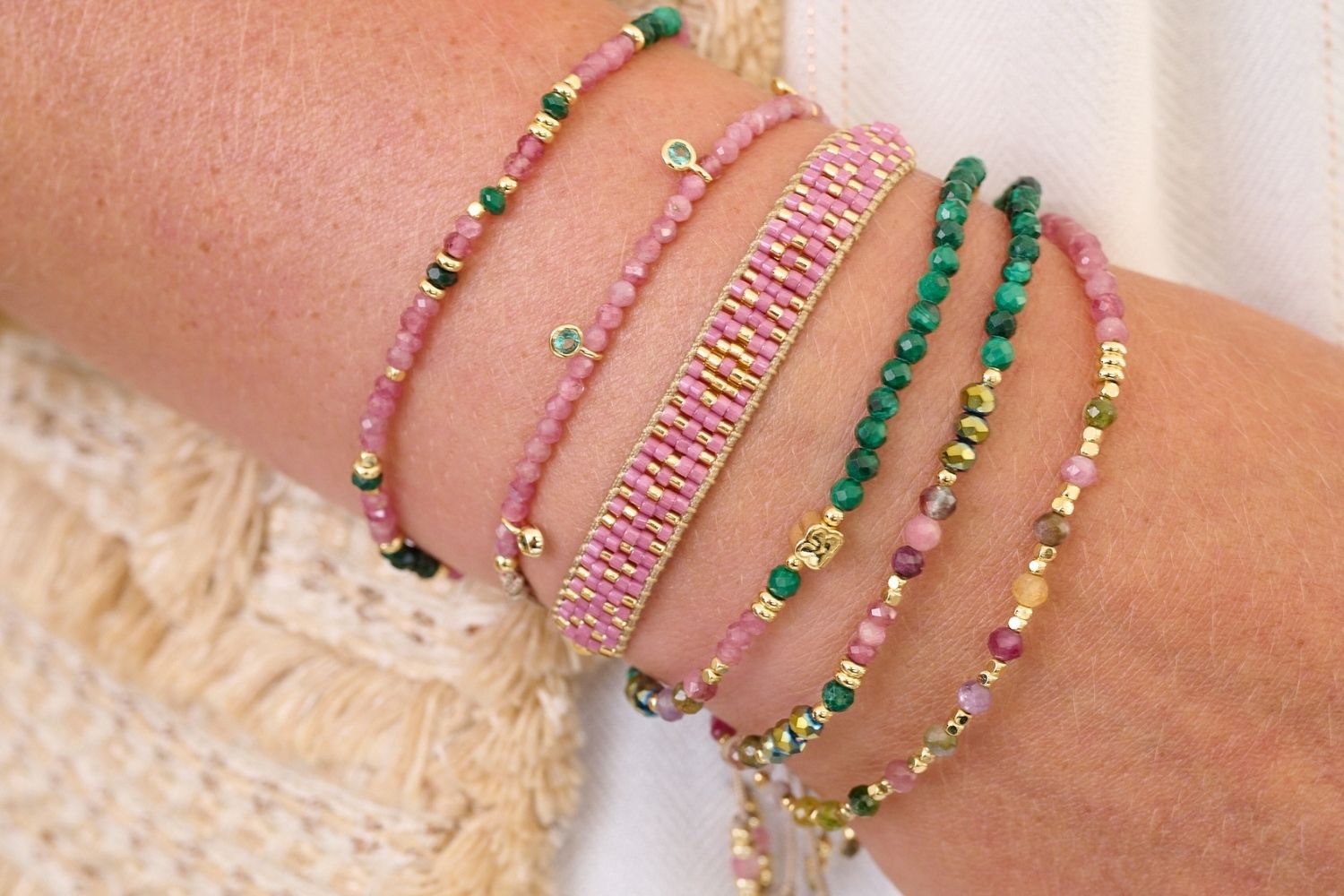 Grace pink gold styled with our pink tourmaline and malachite mixes to give a unique pop of colour to your outfit. 