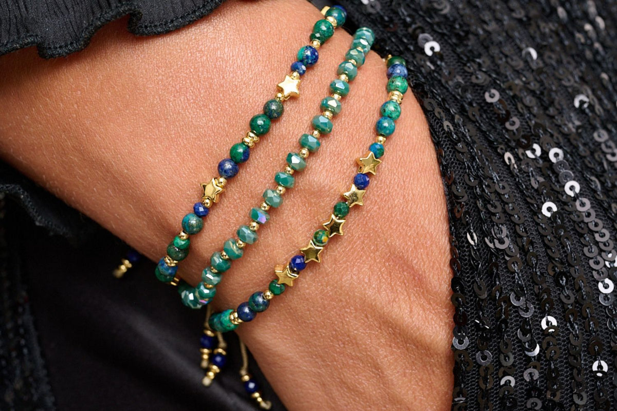 Prunus Green & Gold Bracelet styled with green gemstone bracelets