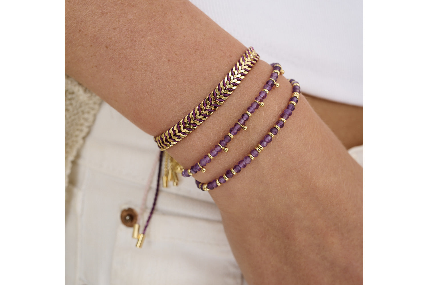 The perfect airing of Purple and gold, stack them high with Amethyst gold bracelets like the Harmony!