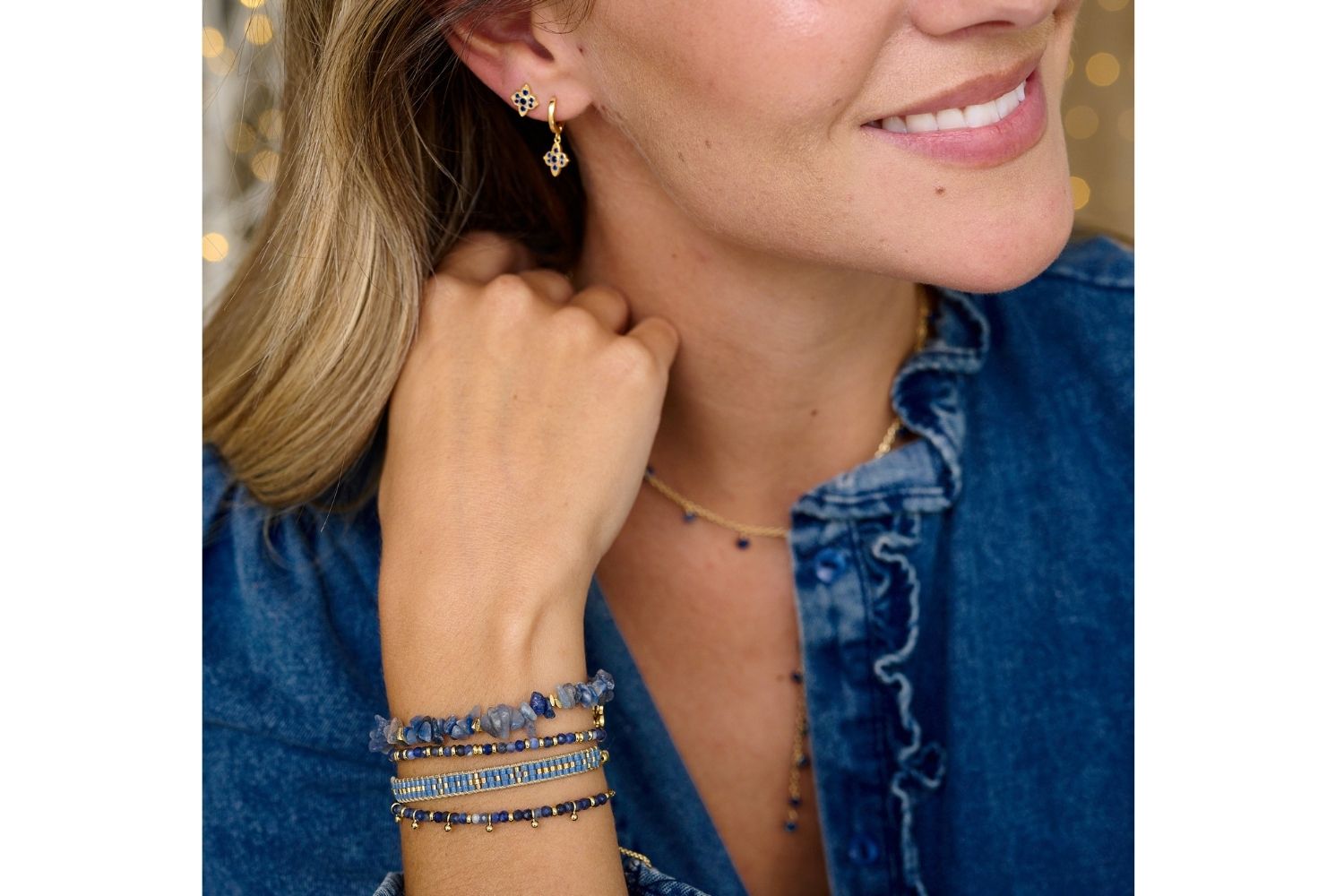 Gift the look with the Takia, Theron earrings in Sapphire and Gold. The Ivy necklace in Sodalite. And create the bracelet stack with Sana Blue Aventurine, mystical, Harmony in Sodalite and the Aslan beaded bracelet in Blue Gold. 