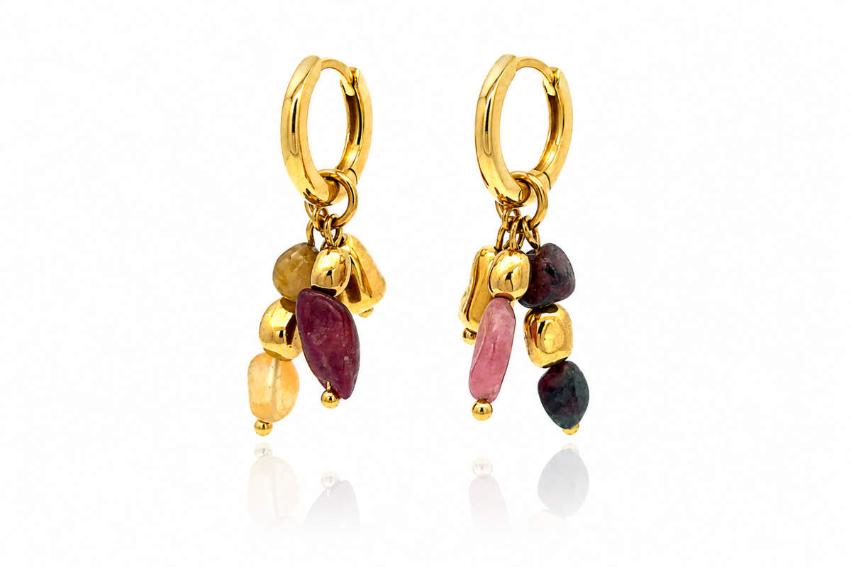 Lora Gold & Tourmaline Charm Huggie Hoop Earrings featuring colourful natural Tourmaline gemstone pebbles and organic gold charms on polished 14k Gold PVD hoops.