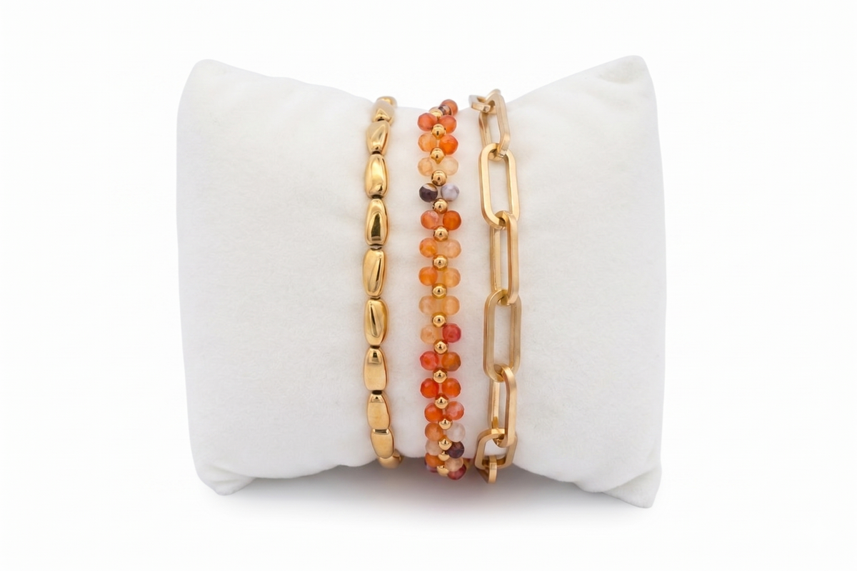 Bazaruto Orange Agate and Gold Bracelet Stack - Boho Betty