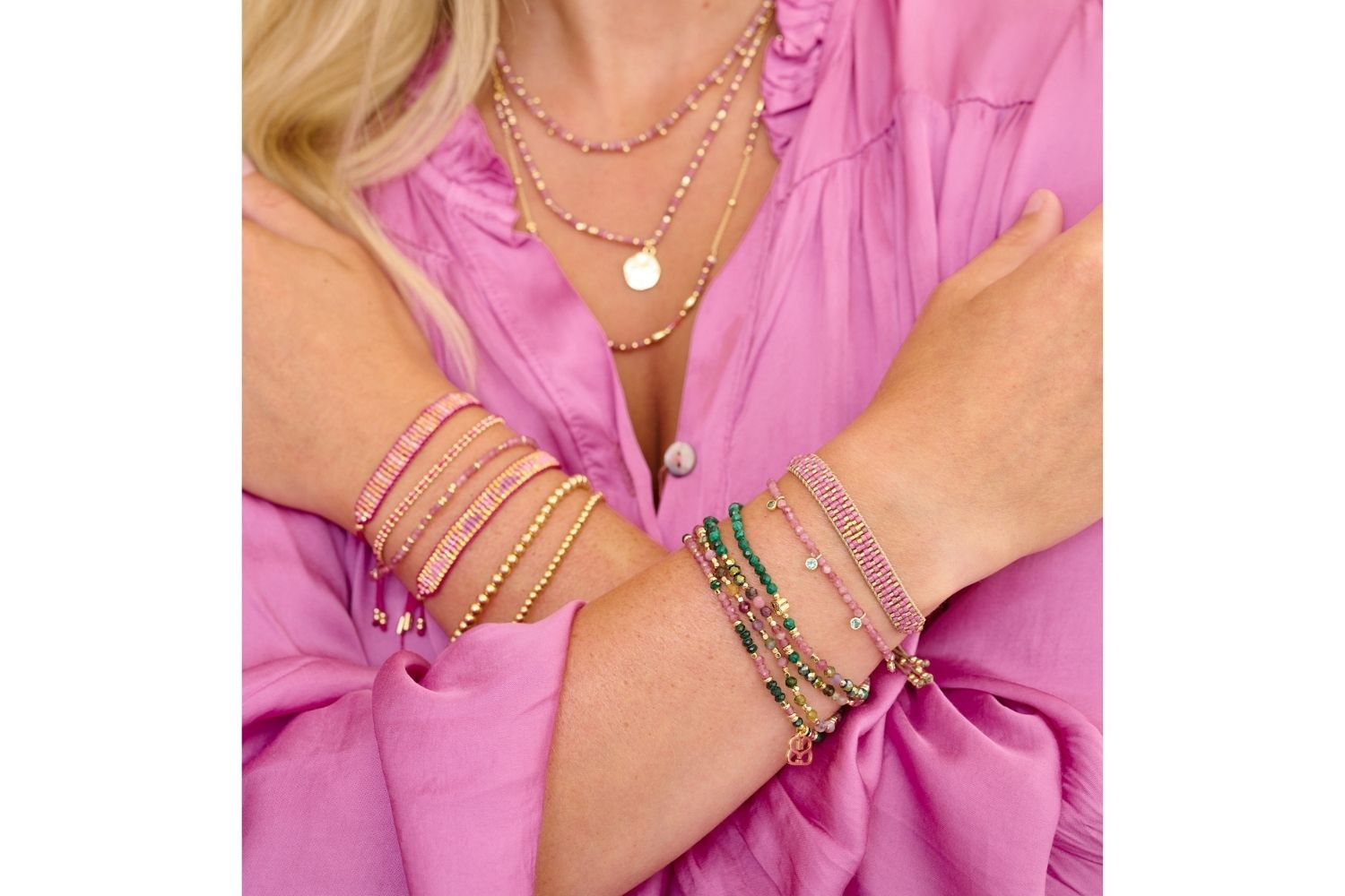 The Maya Pink & Gold styles perfectly with the Pink Tourmaline Salus, Arlene and Horus. Mix with other beaded bracelets and the Sabal Minor Gold Bracelet set for real impact.