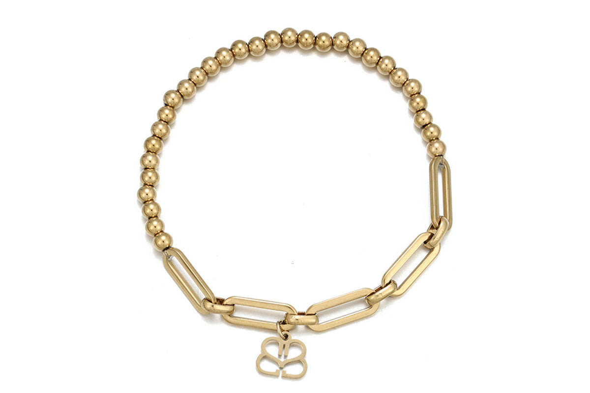 Mora waterproof gold bead and paperclip chain stretch bracelet by Boho Betty – half beads half chain with logo charm, 18cm stretch fit, stackable and waterproof