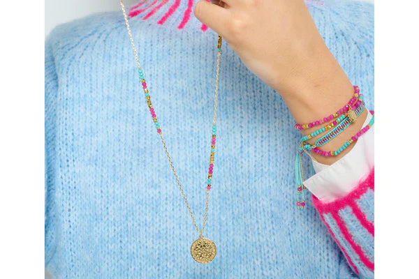 Nemty Turquoise & Pink Long Pendant Necklace