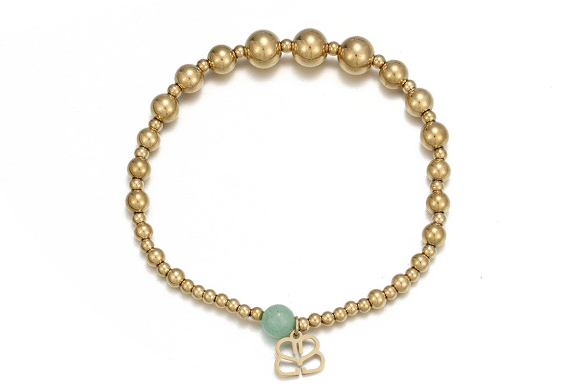 Noa waterproof gold bead stretch bracelet by Boho Betty – polished gold beads with a single amazonite stone and logo charm, 18cm stretch fit, stackable and waterproof