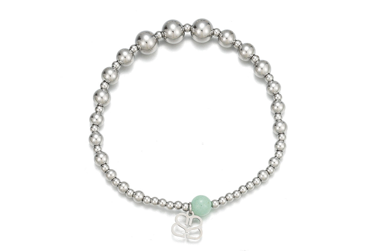 Noa waterproof silver bead stretch bracelet by Boho Betty – polished silver beads with a single amazonite stone and logo charm, 18cm stretch fit, stackable and waterproof