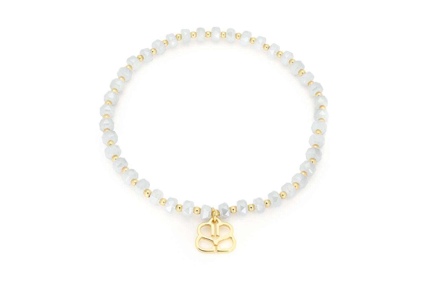 Prunus Crystal Bracelet featuring faceted Grey beads and gold-plated accents with an elasticated fit.
