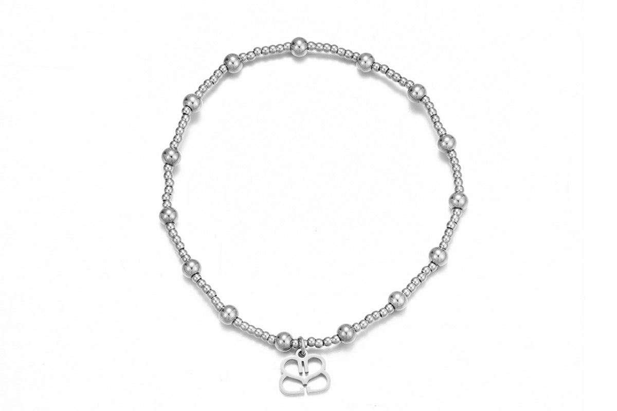 Rosa waterproof silver bead stretch bracelet by Boho Betty – fine and larger silver beads with logo charm, 18cm stretch fit, stackable and waterproof