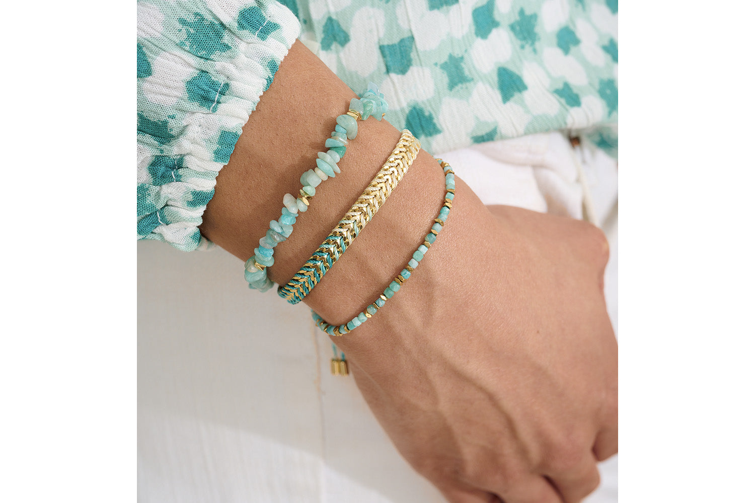 Stylish stacks shine bright with Amazonite and Gold ocean hues.