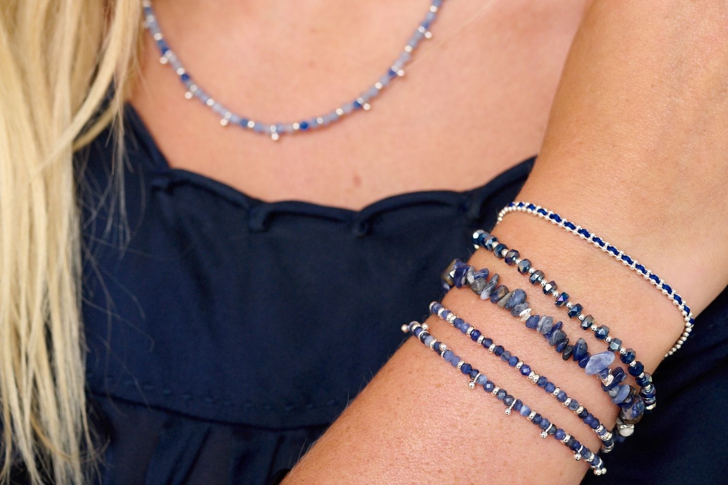 Stack those blues high with the Harmony, Mytical Sodalite, Sana Blue Aventurine, Prunus and Braid Navy. Why not finish the look with the Salus Blue Aventurine Necklace!