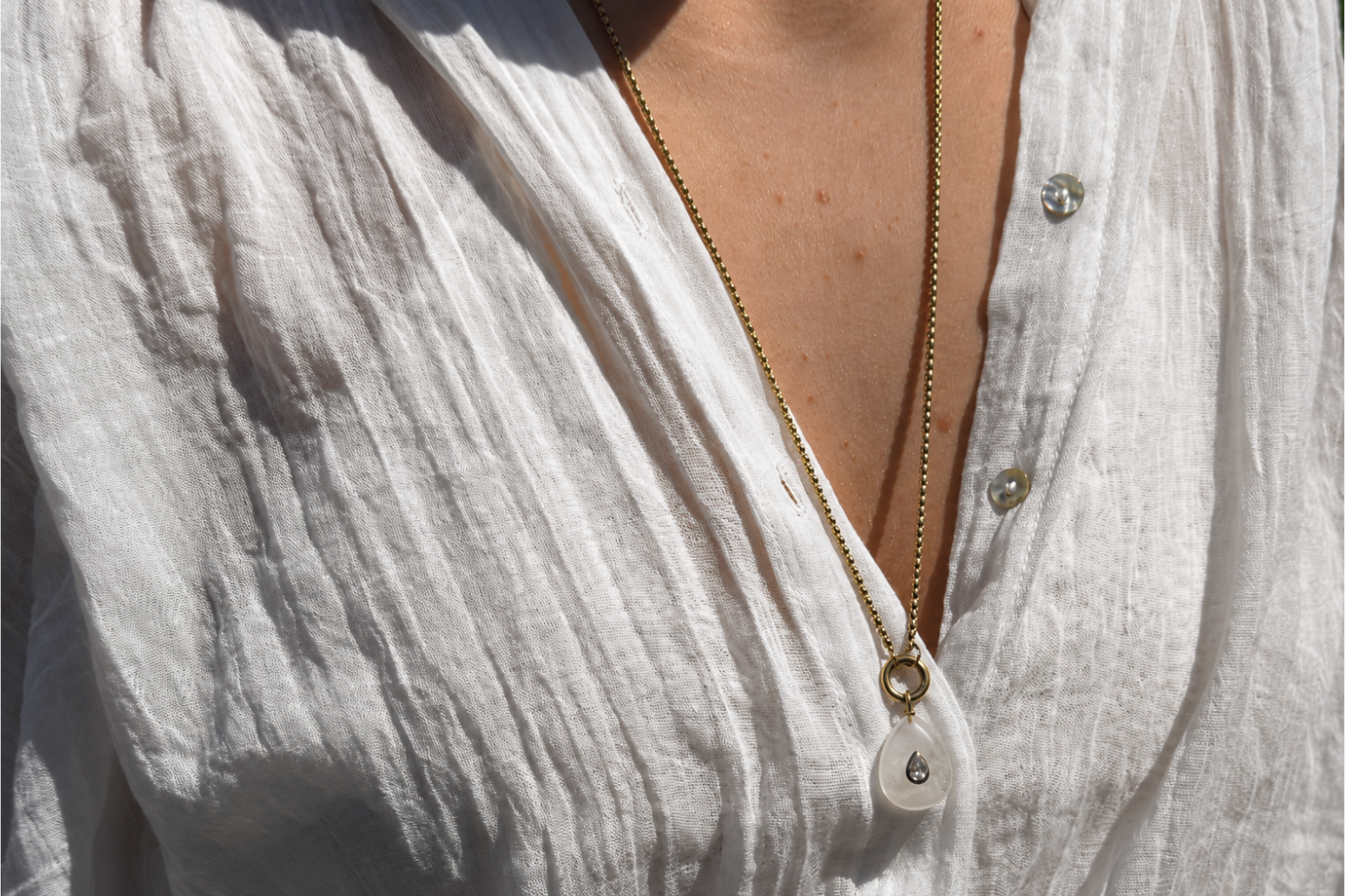 Thalia Fleur Clear Quartz Gold Teardrop Pendant Necklace