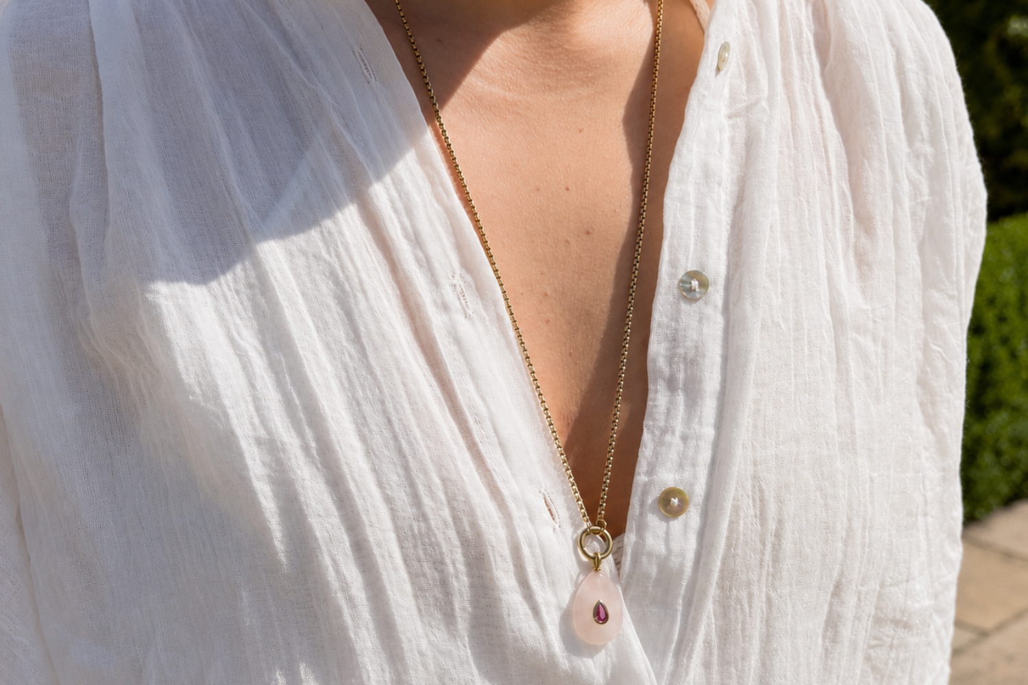 Thalia Fleur Rose Quartz Gold Teardrop Pendant Necklace