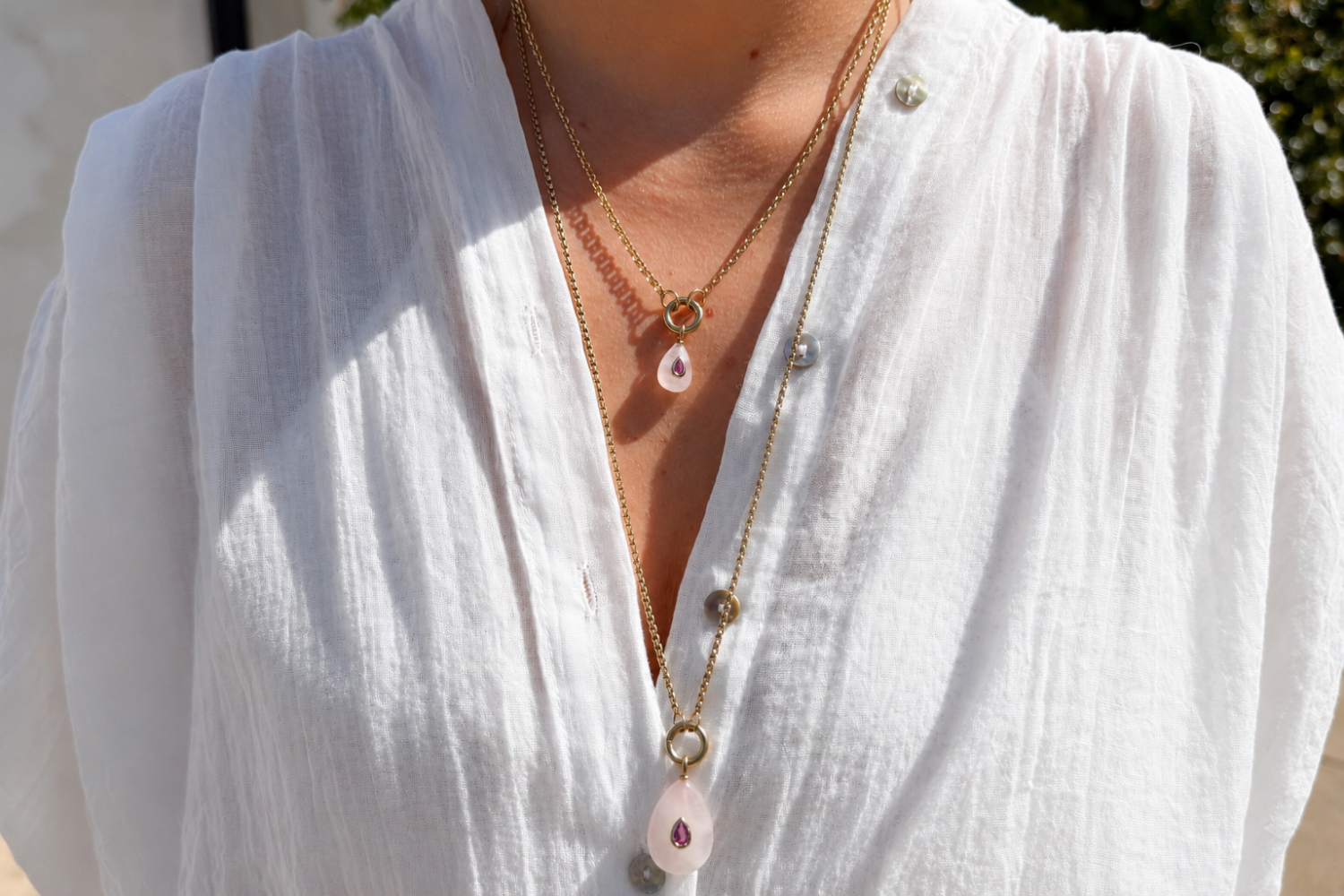 Thalia Fleur Rose Quartz Gold Teardrop Pendant Necklace