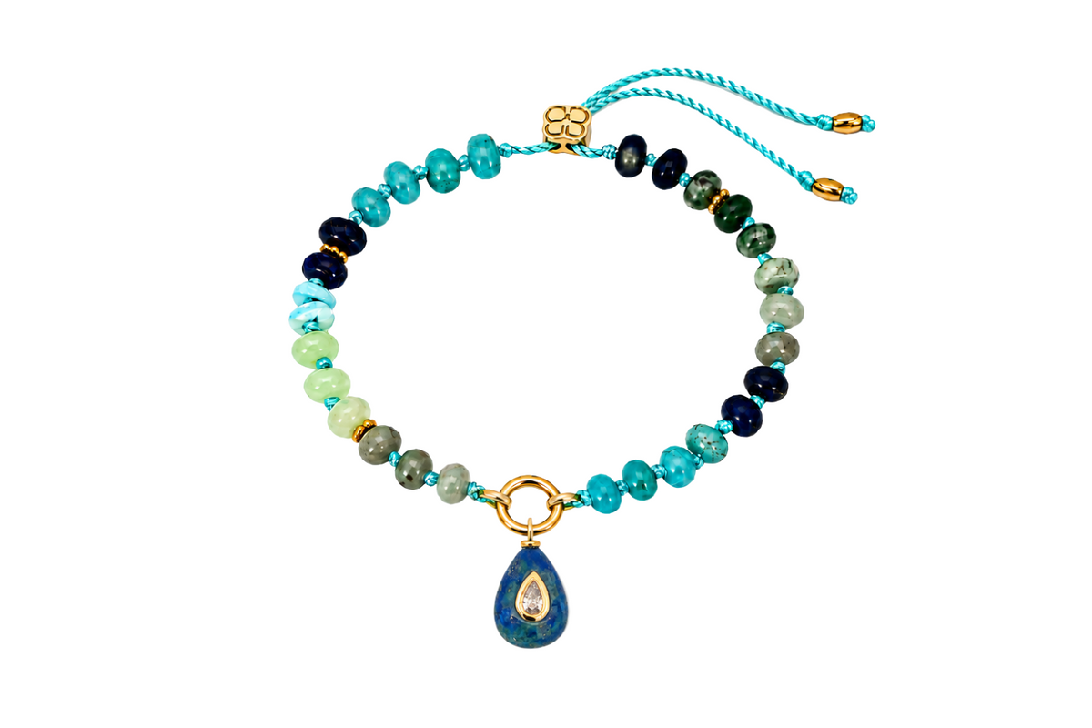 Zaha Blue Gold Charm Carrier Bracelet with Lapis Fleurette Charm