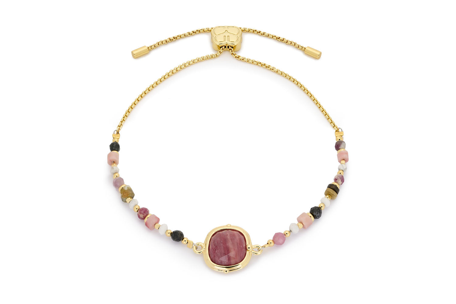 Adria Pink Tourmaline Bracelet with hand-threaded pink and earthy-toned tourmaline beads, accented with a 12k gold-plated adjustable slider.