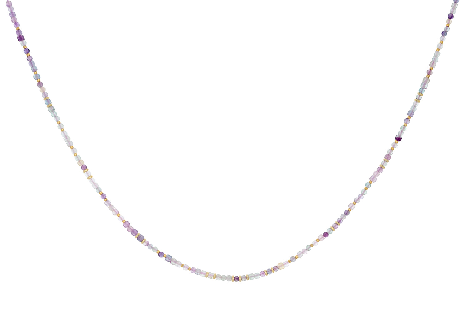 Allegra Rainbow Fluorite Gold Necklace featuring soft pink, lilac, and pastel green fluorite beads with 12k gold-plated accents and an adjustable fit for layering or solo wear.