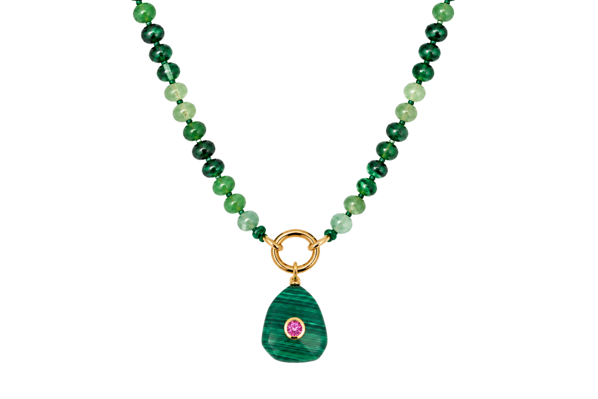 Amala Green Mix gold charm carrier necklace finished with the Kalis Malachite gemstone charm, a waterproof Boho Betty gemstone necklace.