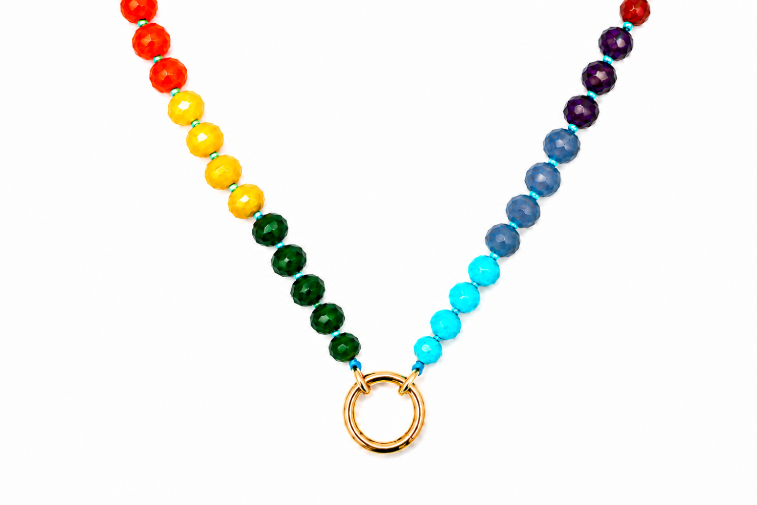 Amala Rainbow Bead Gold Charm Carrier Necklace featuring colourful gemstone beads and a waterproof 14k Gold PVD charm carrier clasp.