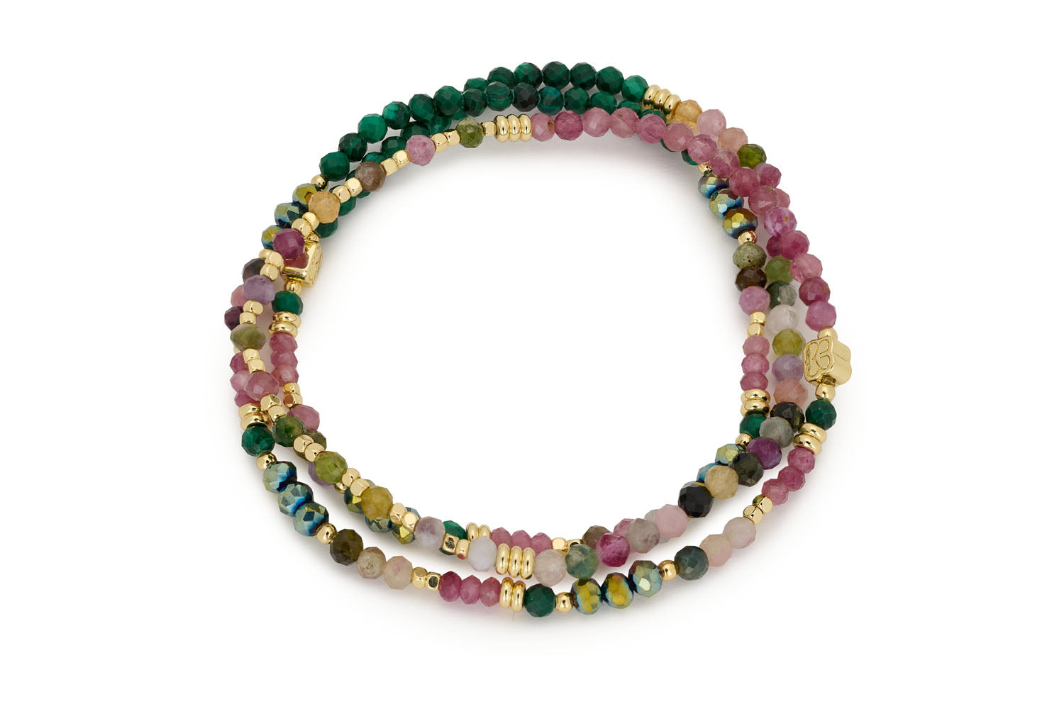 Amaryllis Malachite & Tourmaline Stretch Bead Bracelet featuring vibrant Malachite and Tourmaline beads with 12k gold-plated accents, triple-wrap design.