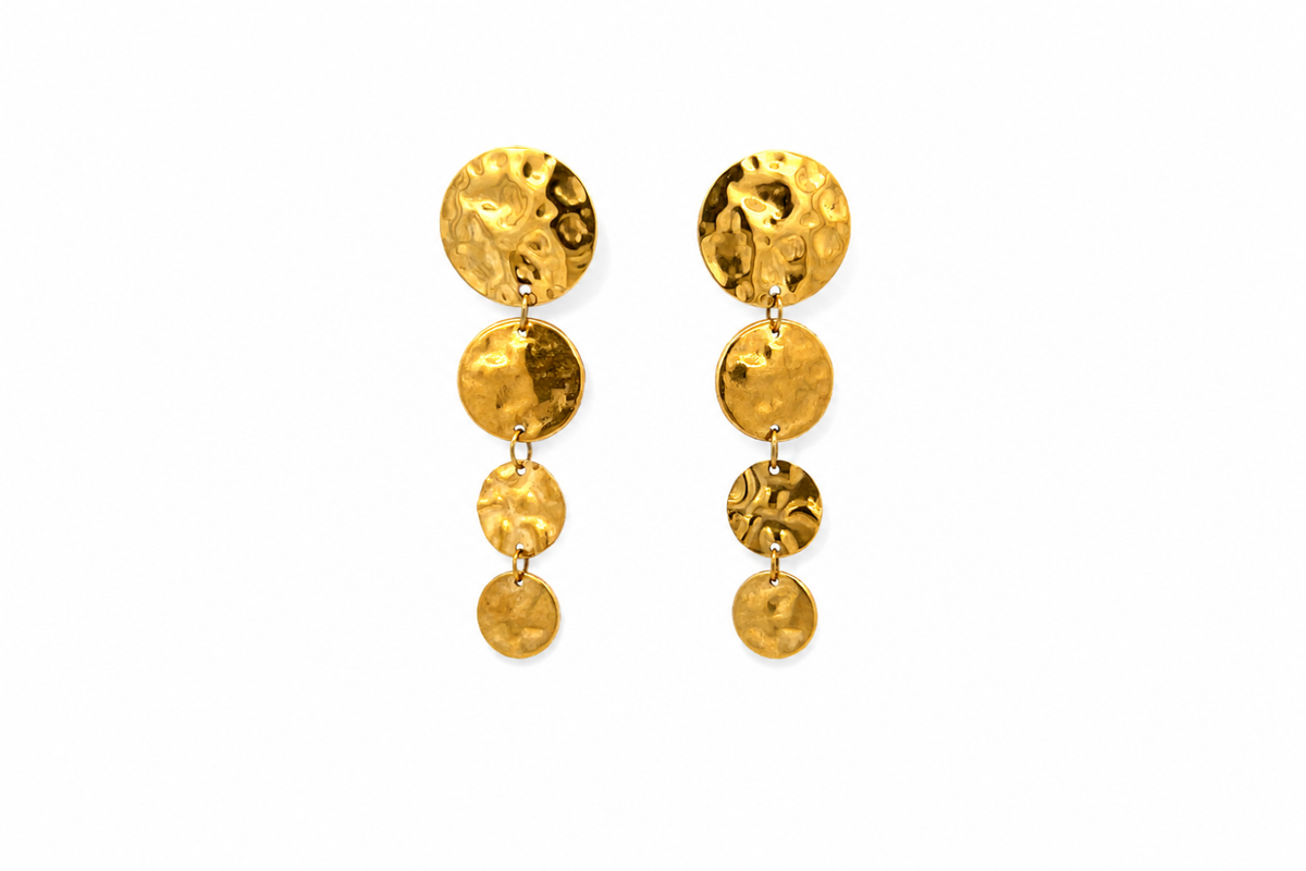 Amaya Gold Statement Drop Earrings featuring cascading hammered gold discs in waterproof 14k Gold PVD stainless steel with stud fastenings.
