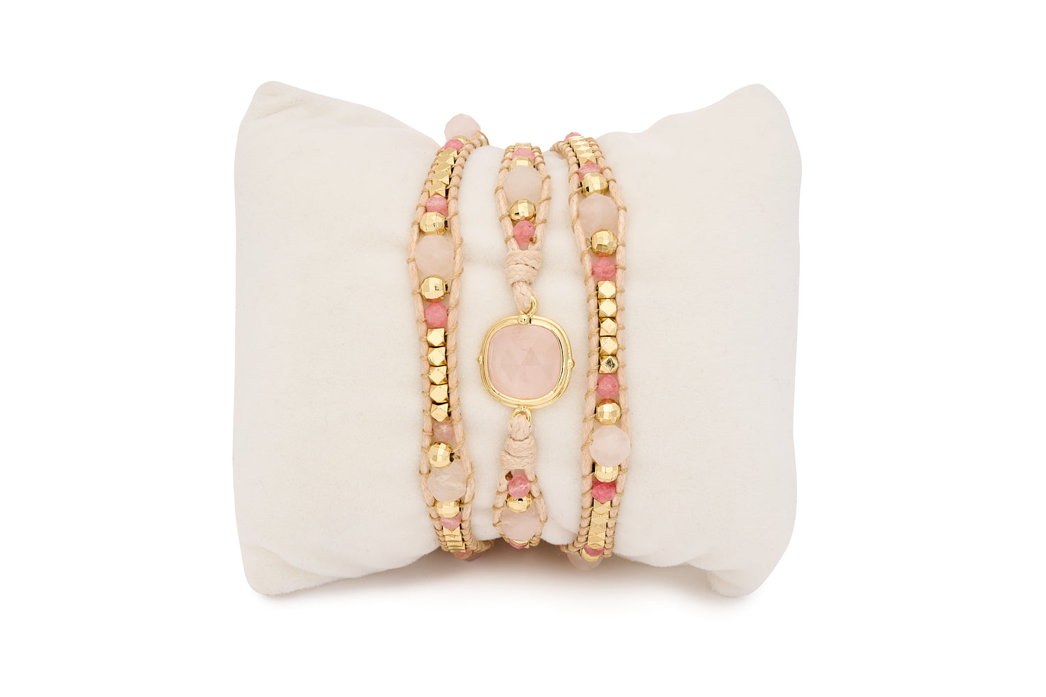 America wrap bracelet handcrafted with rose quartz and pink tourmaline gemstones, accented with 12k gold-plated beads on a natural cord.