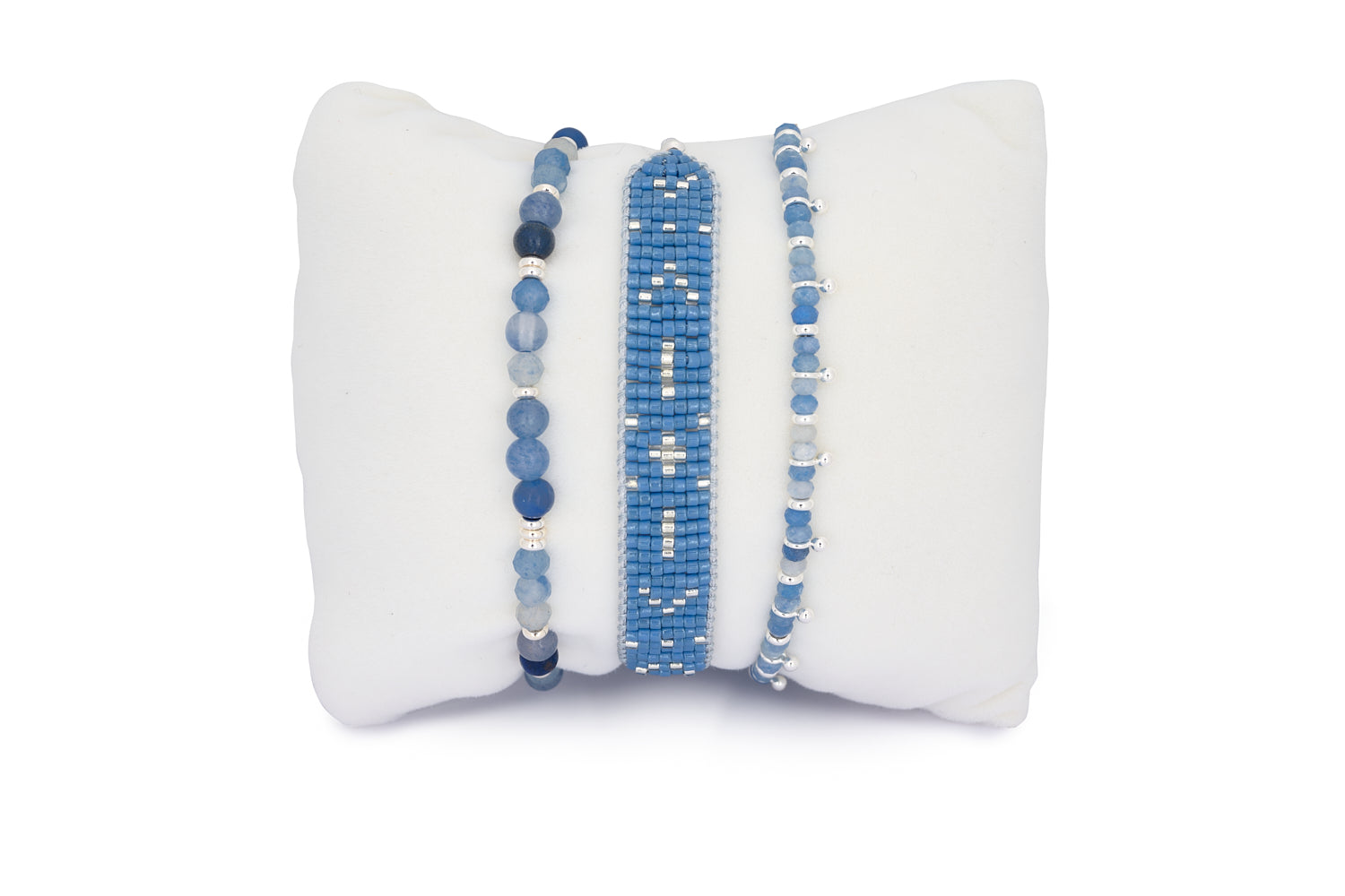 Amilla Blue Aventurine Silver Bracelet Stack featuring Aventurine gemstones, Miyuki beads, and silver accents in a trio of beaded bracelets.