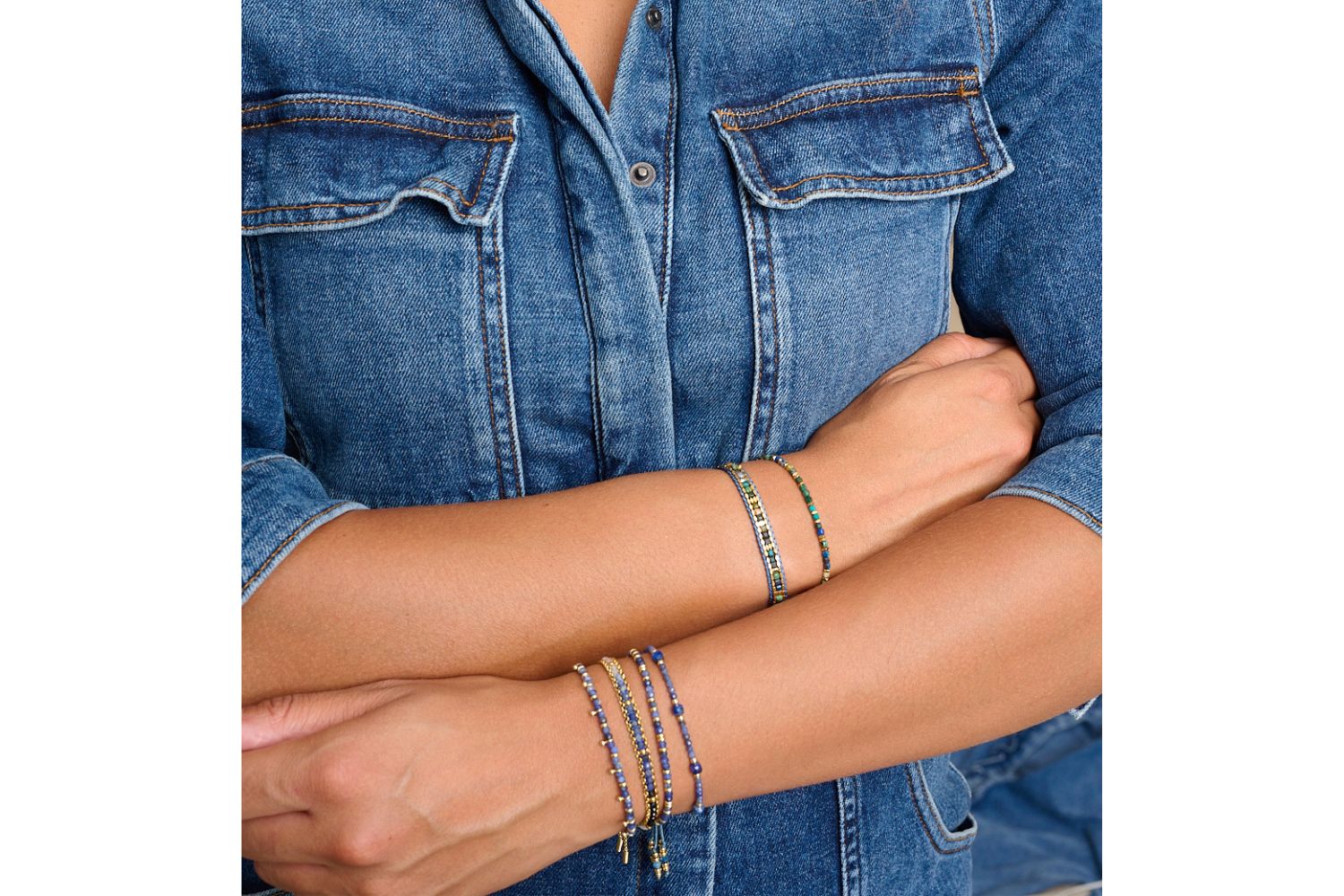 Anastasia Gold & Azurite Gemstone Friendship Bracelet styled on the wrist, layered with Blue Aventurine Harmony, Helaine, Meadow and Mystical.