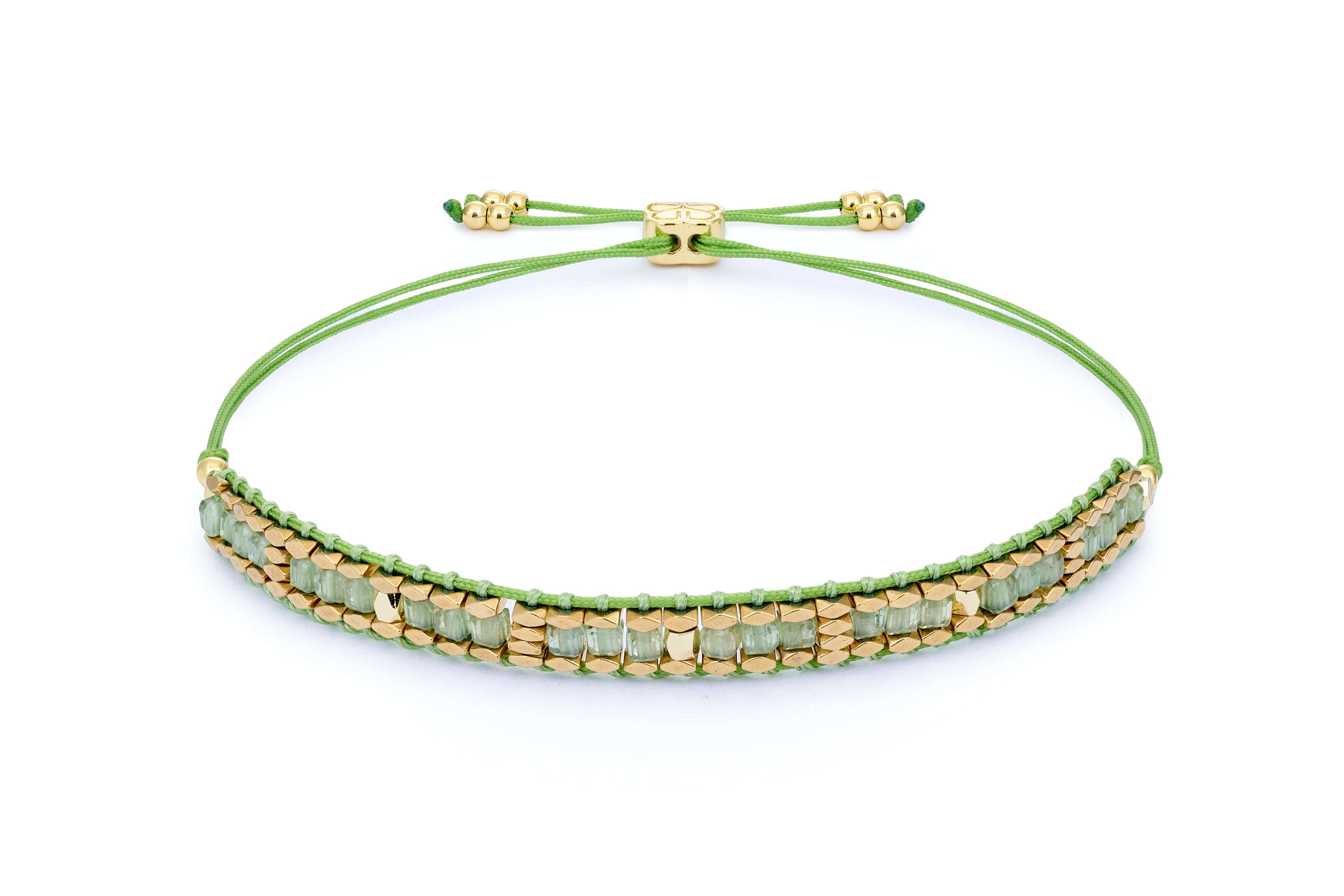 Anastasia Gold & Green Apatite Friendship Bracelet featuring lush green apatite beads, shimmering 12k gold-plated accents, and an adjustable slider fastening for a comfortable, custom fit.