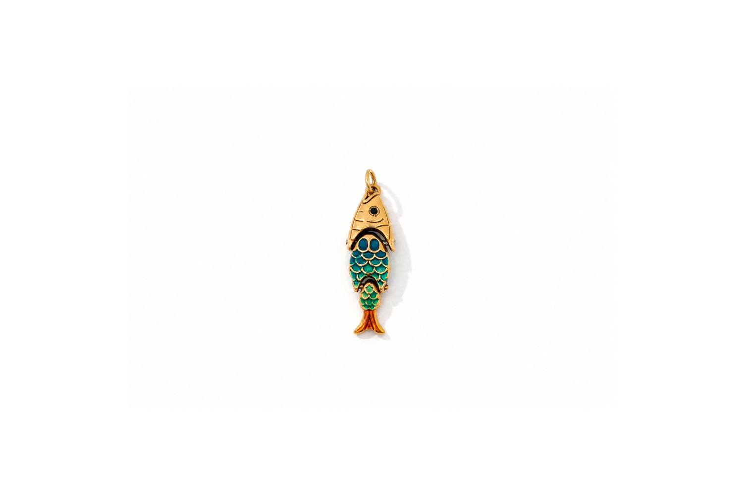Anura Rainbow Enamel Fish Charm Gold featuring a detailed fish with translucent blue and green enamel on a waterproof 14k Gold PVD stainless steel charm.
