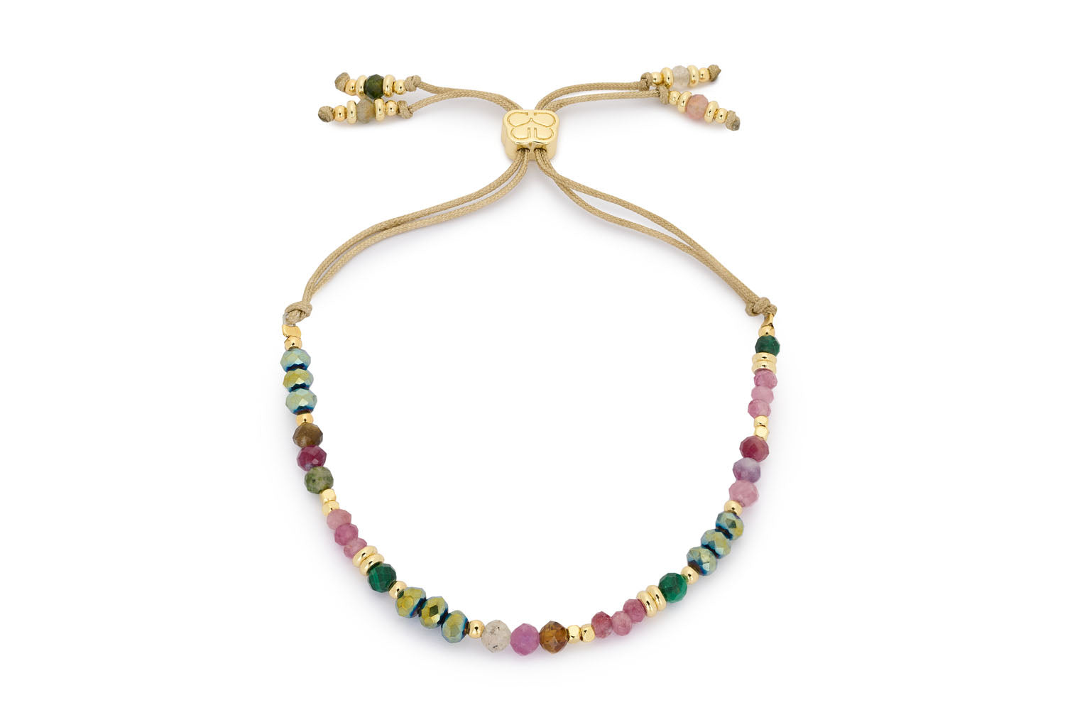 Ardisia Tourmaline Gold Slider Bracelet adorned with vibrant Tourmaline and Malachite beads in a celestial array, finished with 12k gold-plated accents and an adjustable slider for a perfect fit.