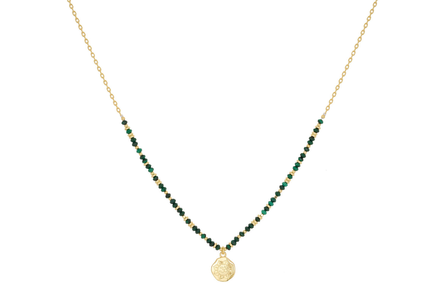 Arlene Malachite Gold Necklace featuring rich malachite beads and a stunning gold pendant, showcasing boho elegance and earthy charm.