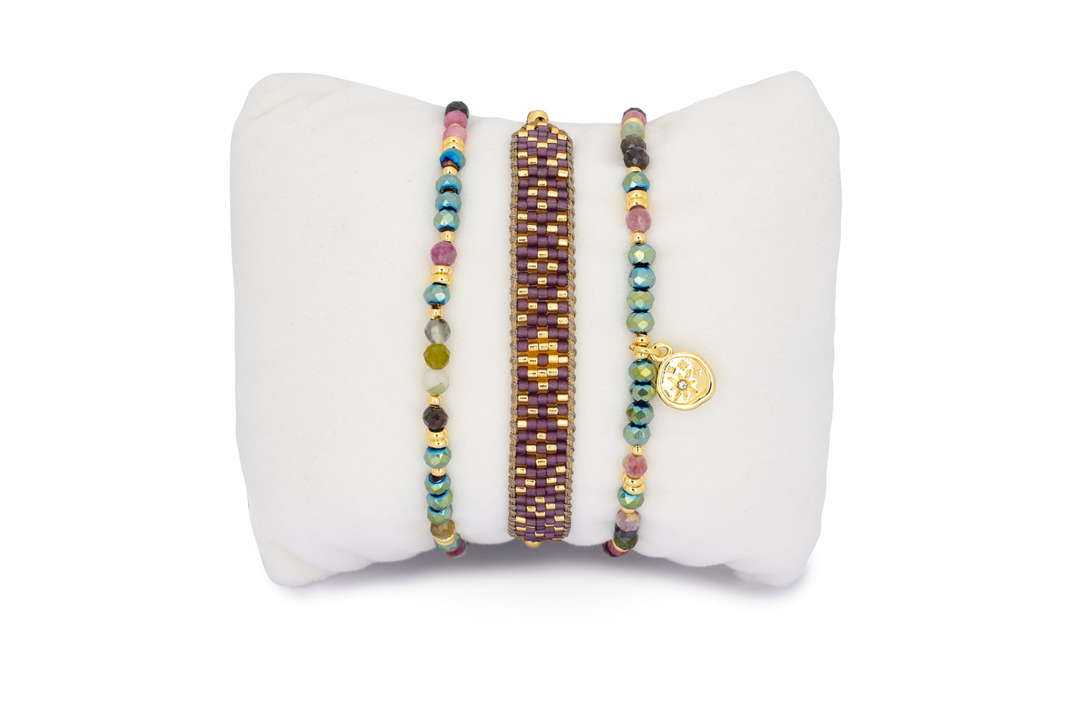 Arnala Gold & Tourmaline Bracelet Stack featuring faceted tourmaline gemstones with 12k gold-plated accents and a boho-chic design, perfect for layering or gifting as an October birthstone bracelet set.