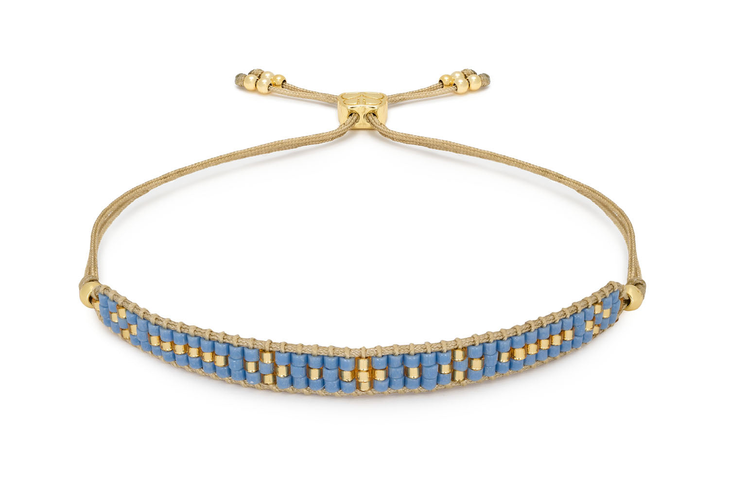 Aslan Gold & Blue Beaded Friendship Bracelet featuring three rows of powder blue and gold Miyuki beads, with an adjustable slider design for a customisable fit.