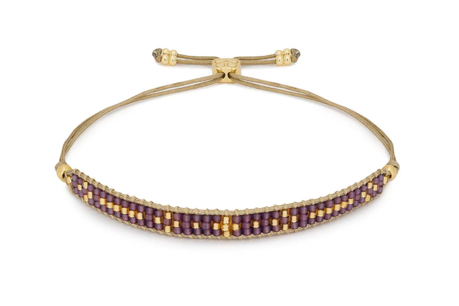 Aslan Mulberry Beaded Friendship Bracelet featuring three rows of hand-threaded Miyuki beads in rich mulberry tones and accented with 12k gold-plated elements, adjustable slider for a comfortable fit.