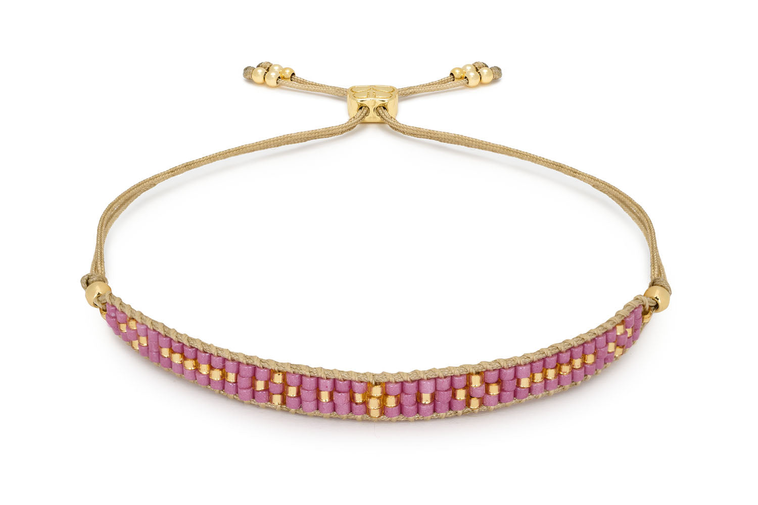 Aslan Pink Beaded Friendship Bracelet featuring three rows of hand-threaded Japanese Miyuki beads in soft pink tones, accented with 12k gold-plated elements, adjustable slider for a comfortable fit.